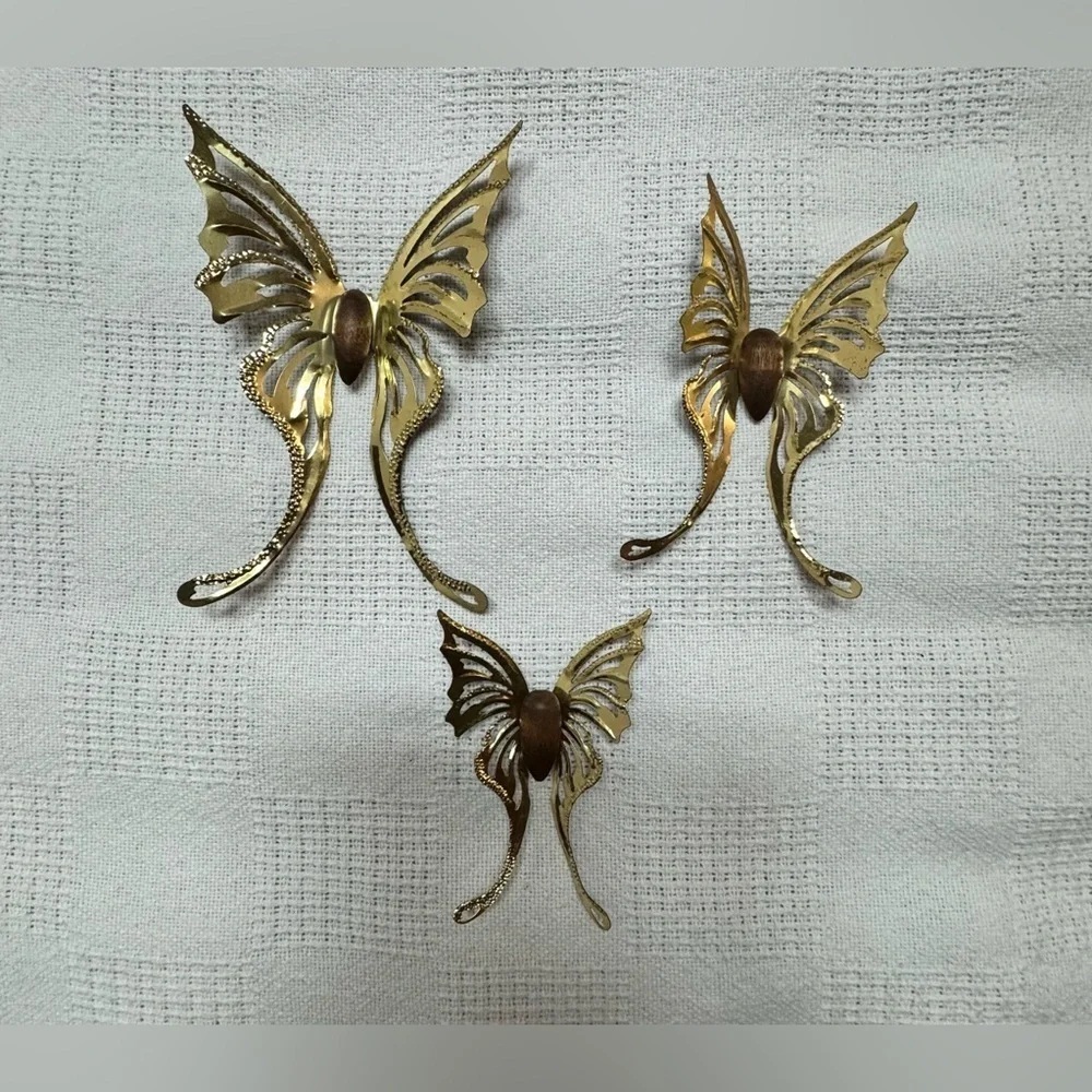VTG MCM Brass wood butterfly wall decor 3 PCS